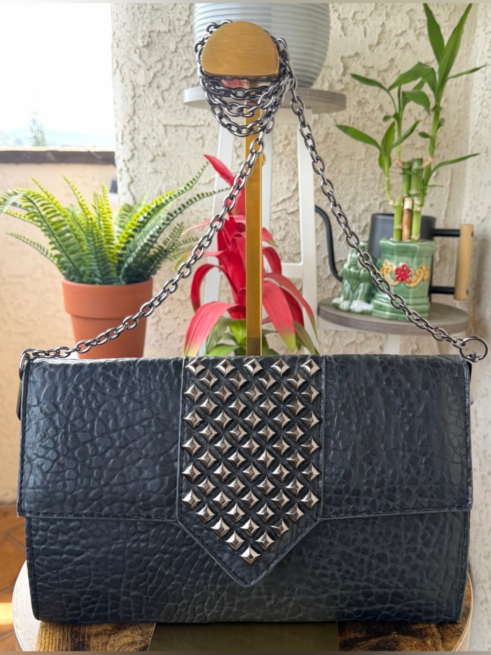 Street Level Black Studded Chain Clutch
